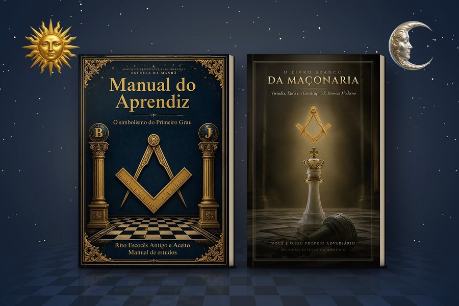 As capas do Manual do Aprendiz e de O Livro Branco da Maçonaria, lado a lado sob um céu estrelado, entre o Sol e a Lua