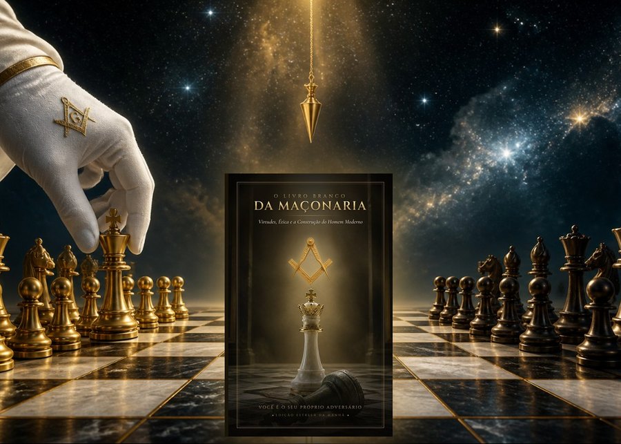 A capa de O Livro Branco da Maçonaria no centro de um tabuleiro de mármore; à esquerda, a mão do Grande Arquiteto, com luva branca e o Esquadro e Compasso dourado, move o Rei entre as peças douradas; à direita, as peças escuras do adversário