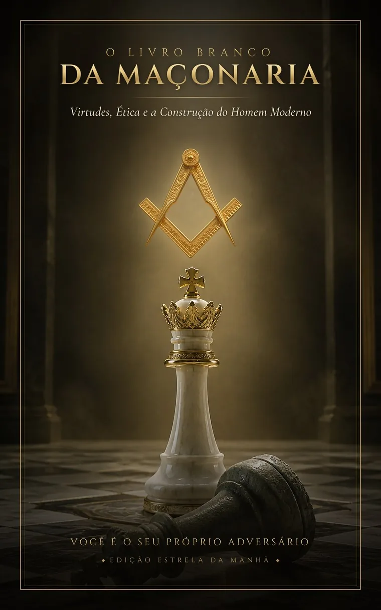 Capa de O Livro Branco da Maçonaria: o Rei de xadrez vencendo a partida, sob o Esquadro e Compasso dourados
