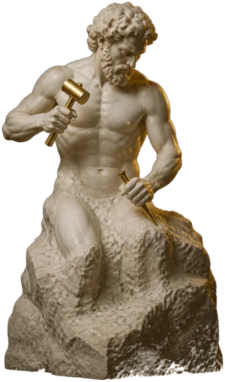 Escultura de mármore de um homem esculpindo a si mesmo a partir da pedra bruta, com maço e cinzel dourados